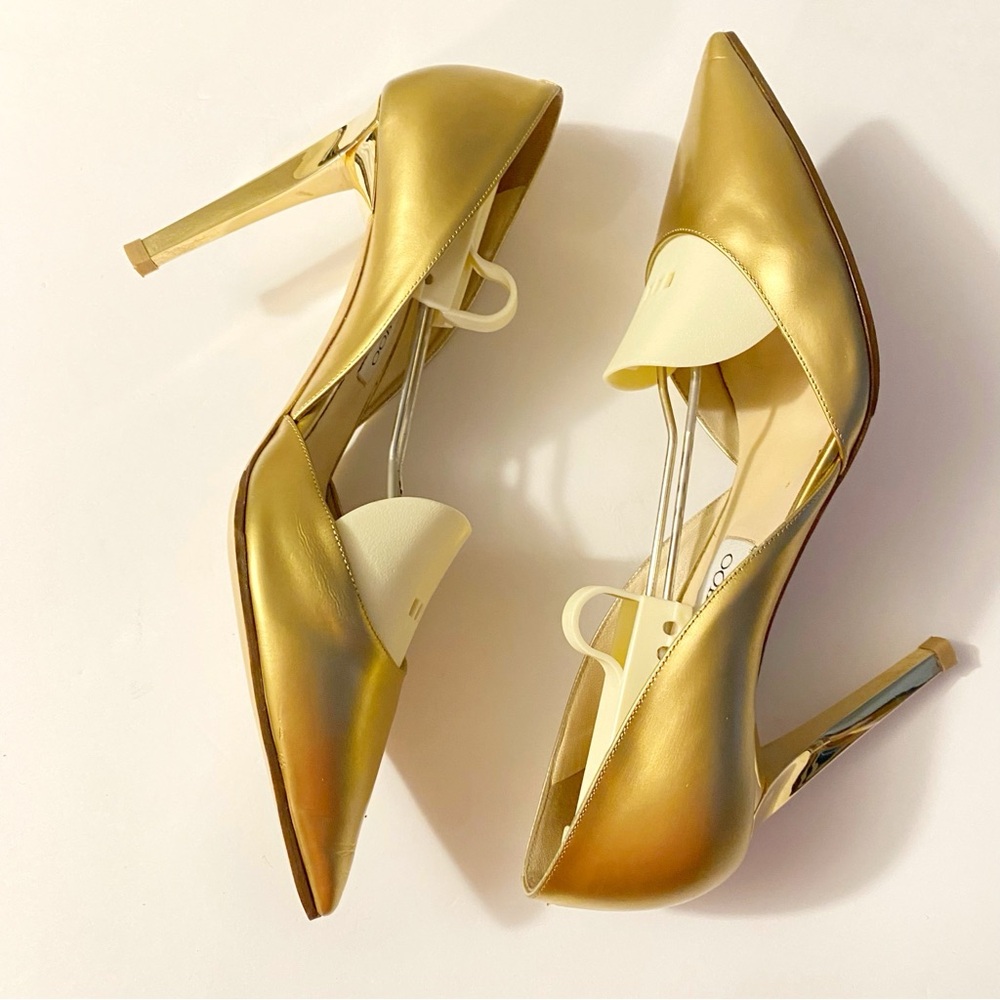 JIMMY CHOO METALLIC GOLD POINTED TOE METAL HIGH HEEL PUMPS - Picture 7 of 13